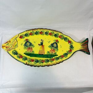 HB Henriot Quimper France Fish 19.25” Platter Yellow Soleil Pottery Femme Breton